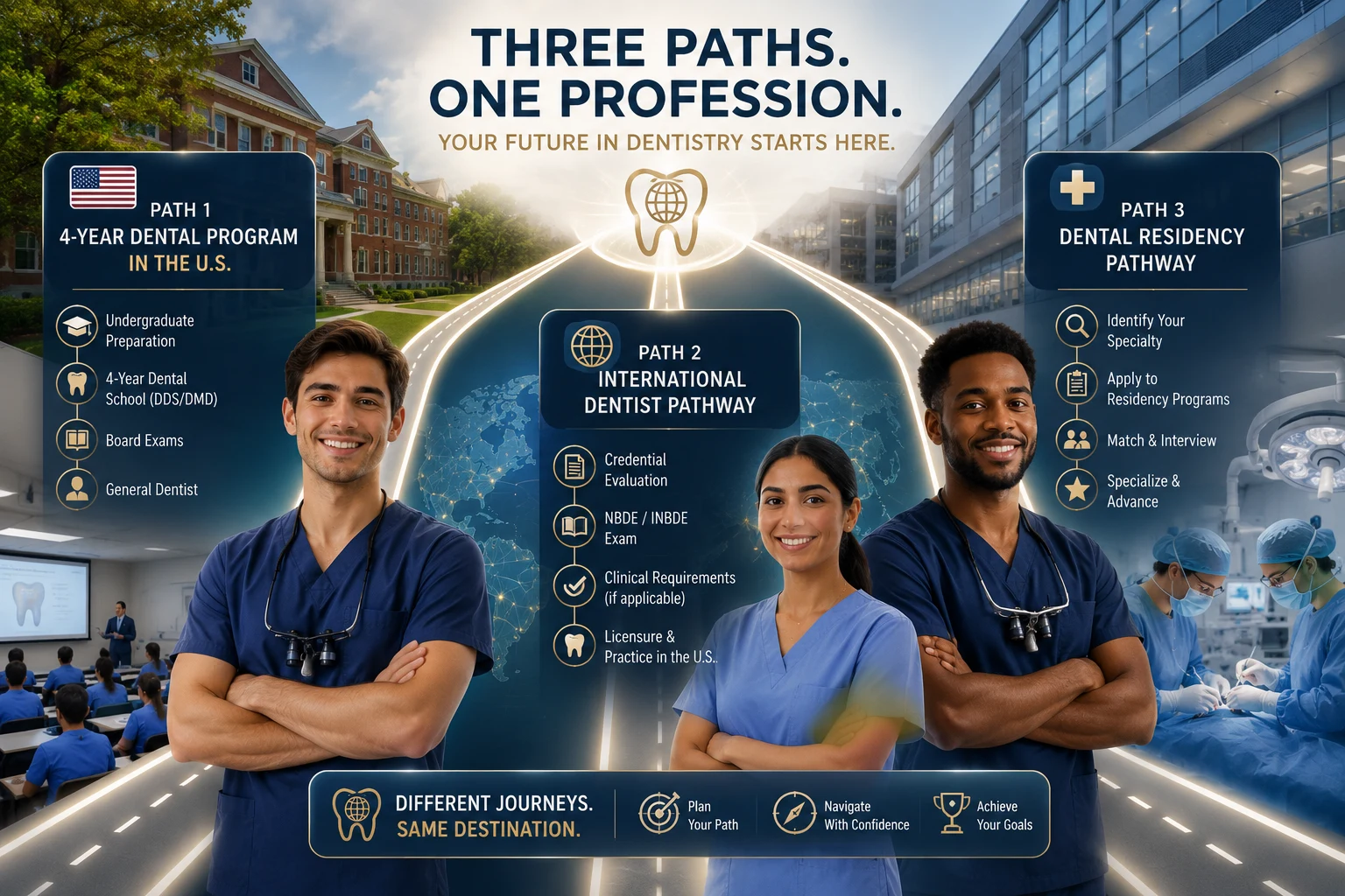 Three routes into U.S. dentistry: four-year dental program, international dentist pathway and residency pathway